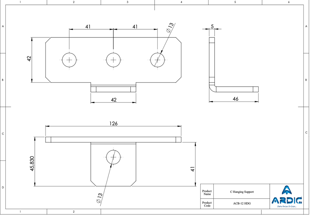 ACB-12 HDG C hanging support technical drawing with dimensions