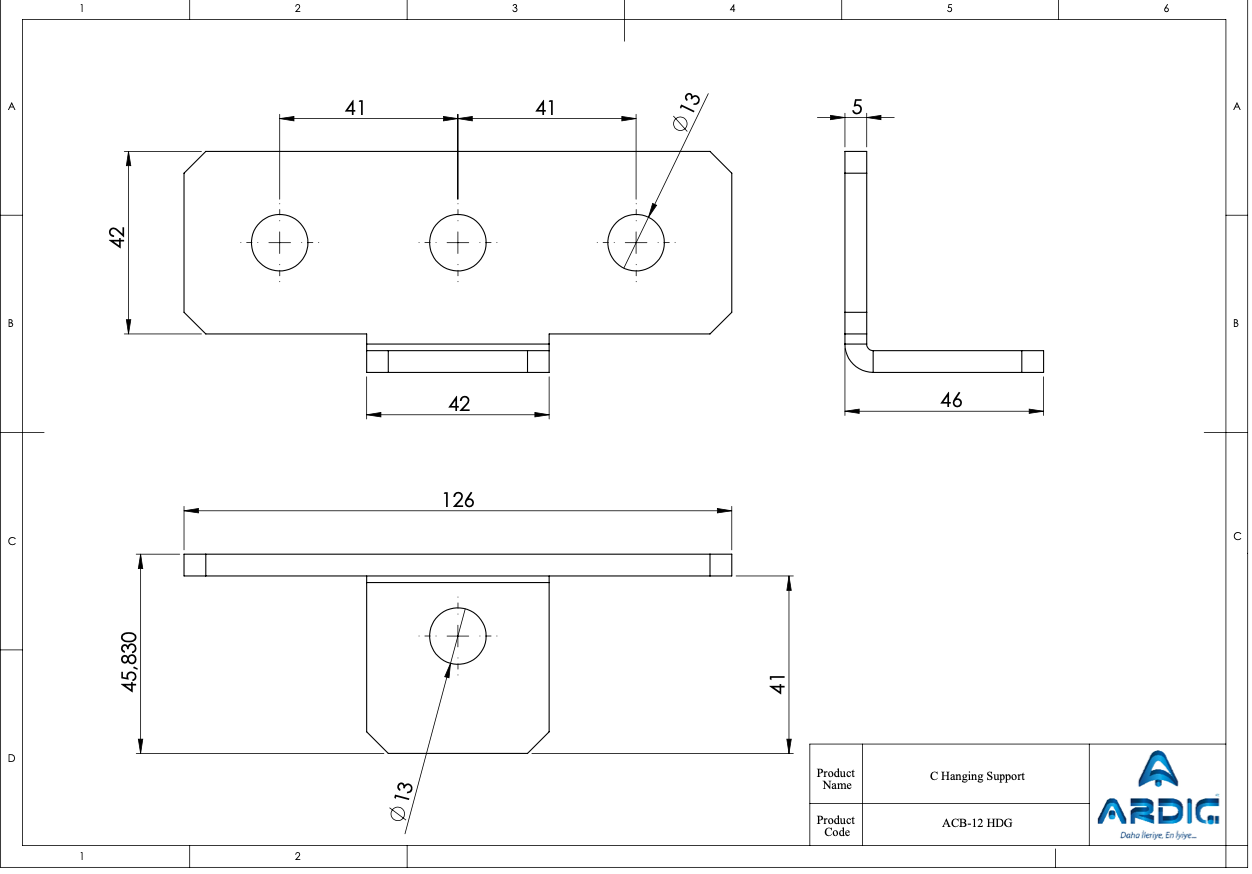 ACB-12 HDG C hanging support technical drawing with dimensions