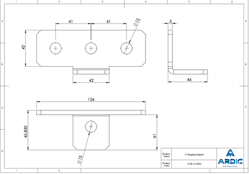 ACB-12 HDG C hanging support technical drawing with dimensions
