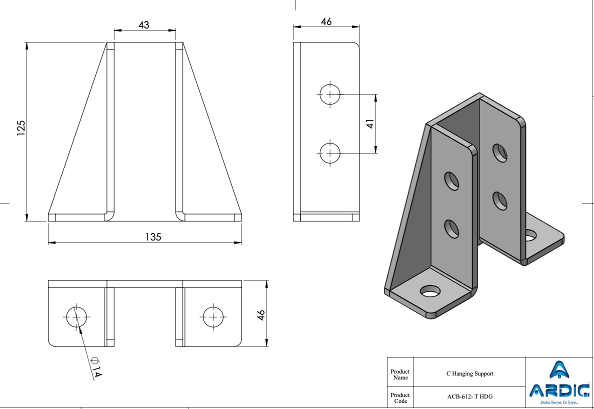 ACB-612-T HDG C Hanging Support technical drawing and dimensions