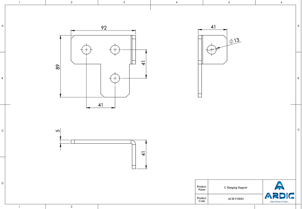 ACB-9 HDG C hanging support technical drawing with dimensions