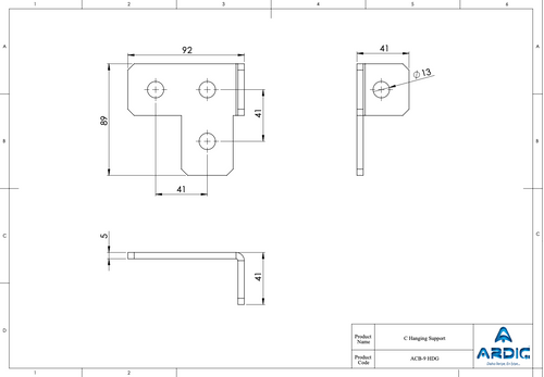 ACB-9 HDG C hanging support technical drawing with dimensions