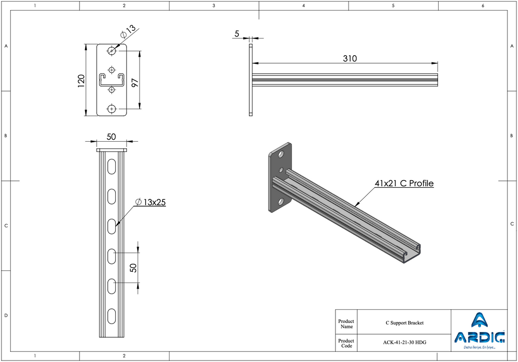 C Support Bracket 41x21 C Profile - ACK-41-21-30 HDG technical drawing
