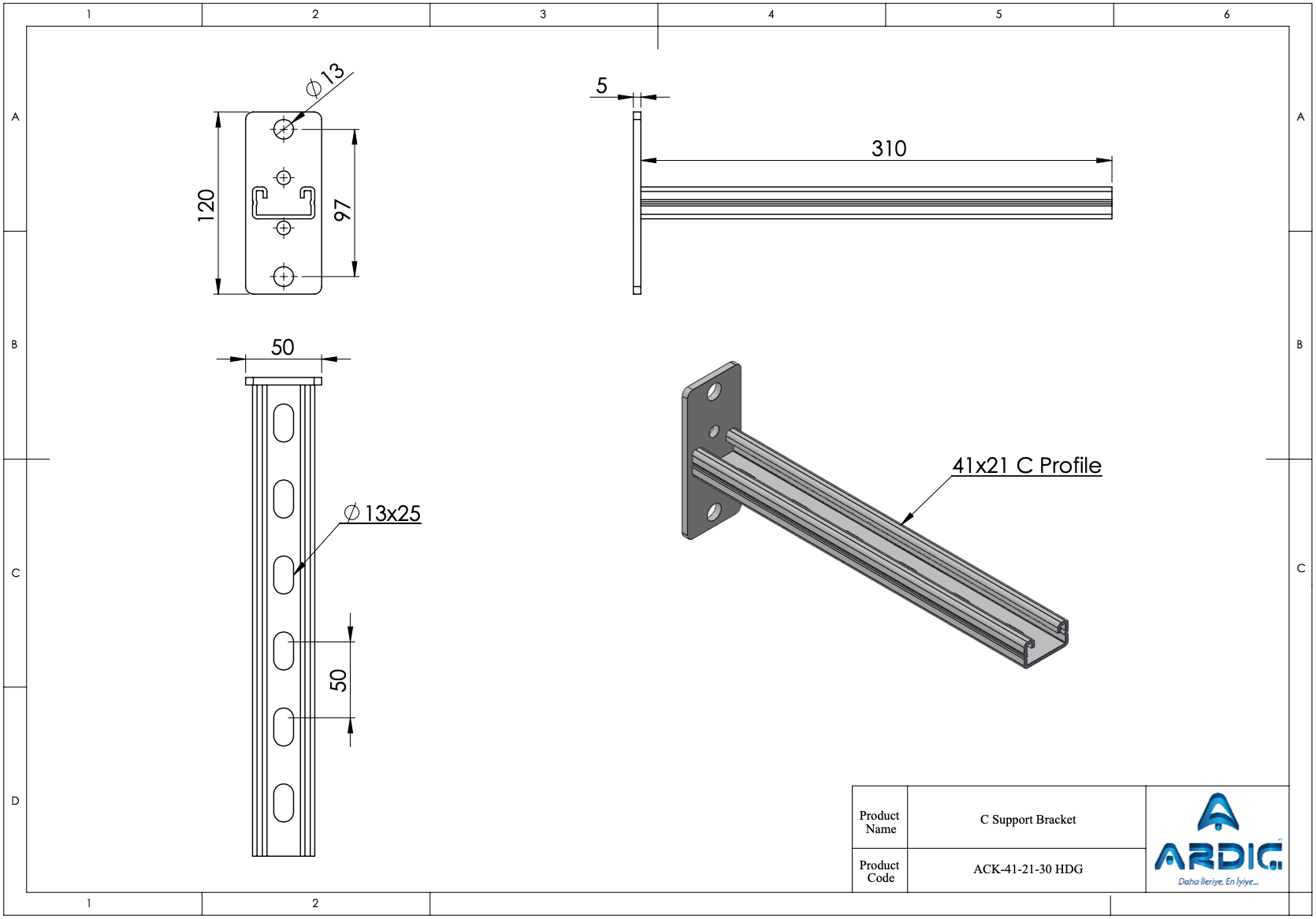 C Support Bracket 41x21 C Profile - ACK-41-21-30 HDG technical drawing