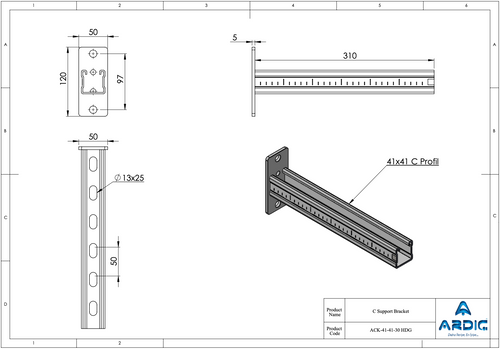 C Support Bracket 41x41 C Profile - ACK-41-41-30 HDG technical drawing