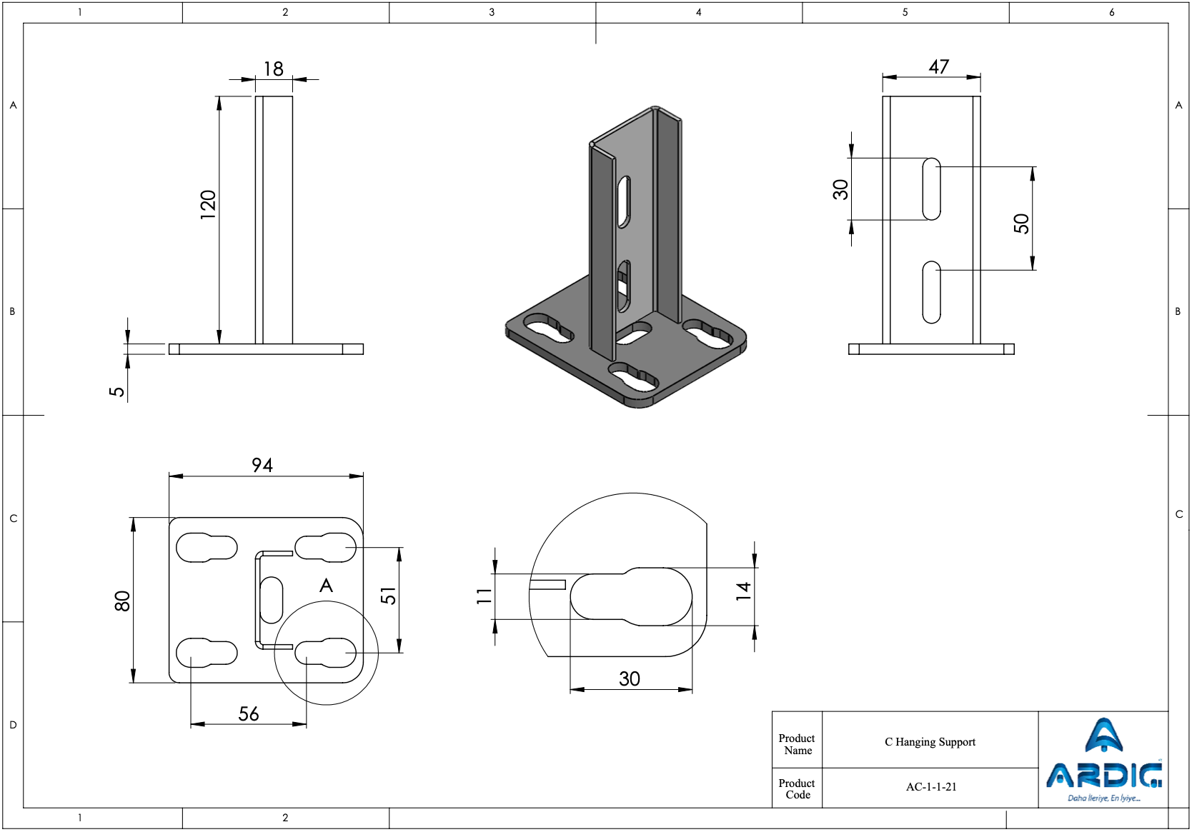 C Hanging Support 13/16" AC-1-1-21 technical drawing