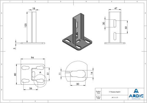 C Hanging Support 13/16" AC-1-1-21 technical drawing