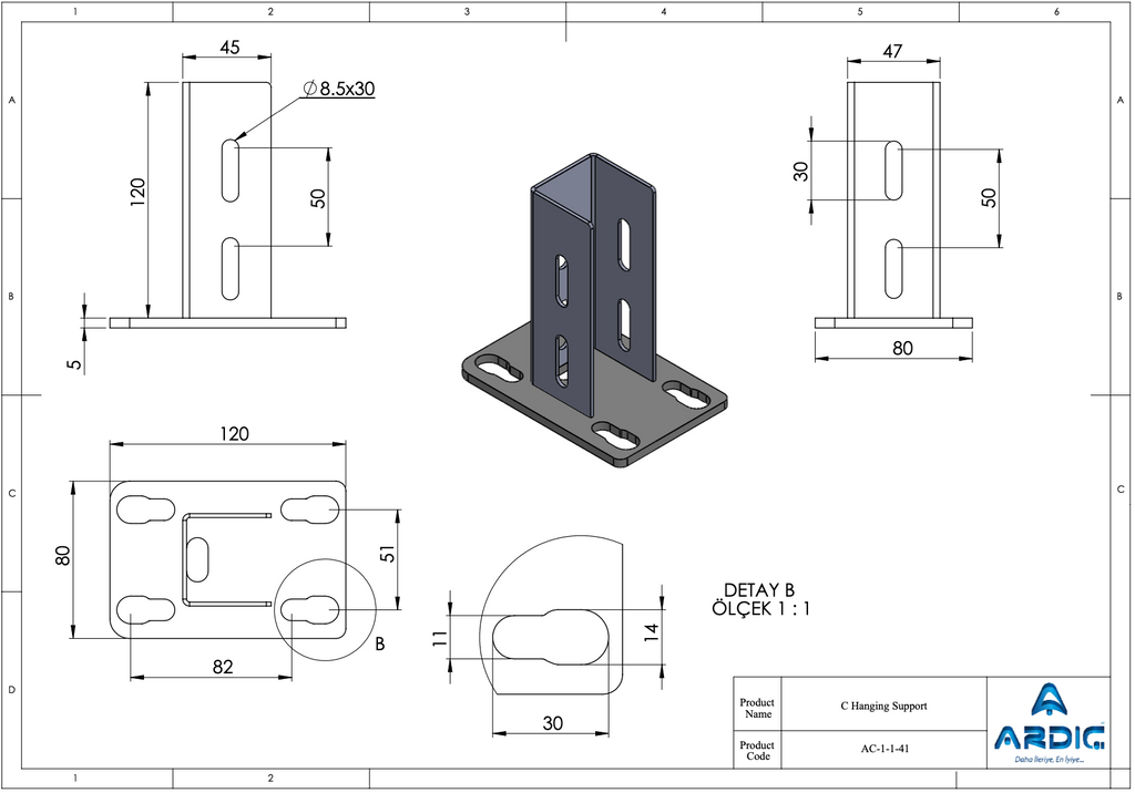 C Hanging Support 1-5/8" AC-1-1-41 technical drawing