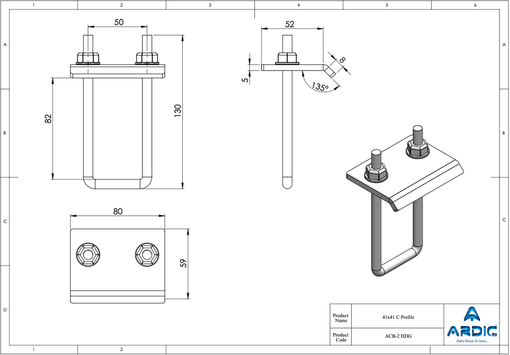 ACB-2 HDG beam clamp technical drawing with dimensions