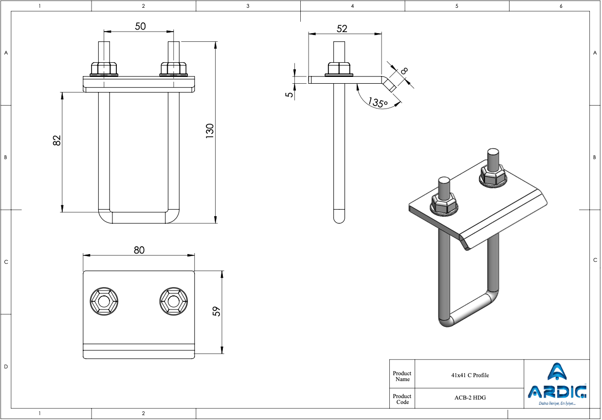 ACB-2 HDG beam clamp technical drawing with dimensions