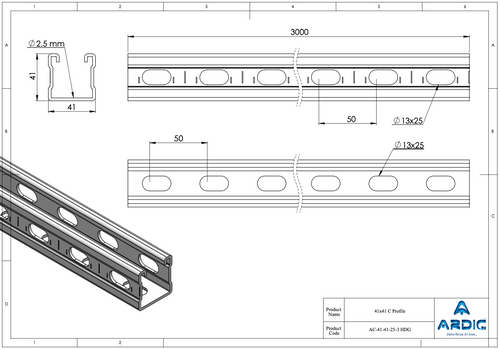 ARDIC 41x41 C Profile HDG strut channel technical drawing and product photo
